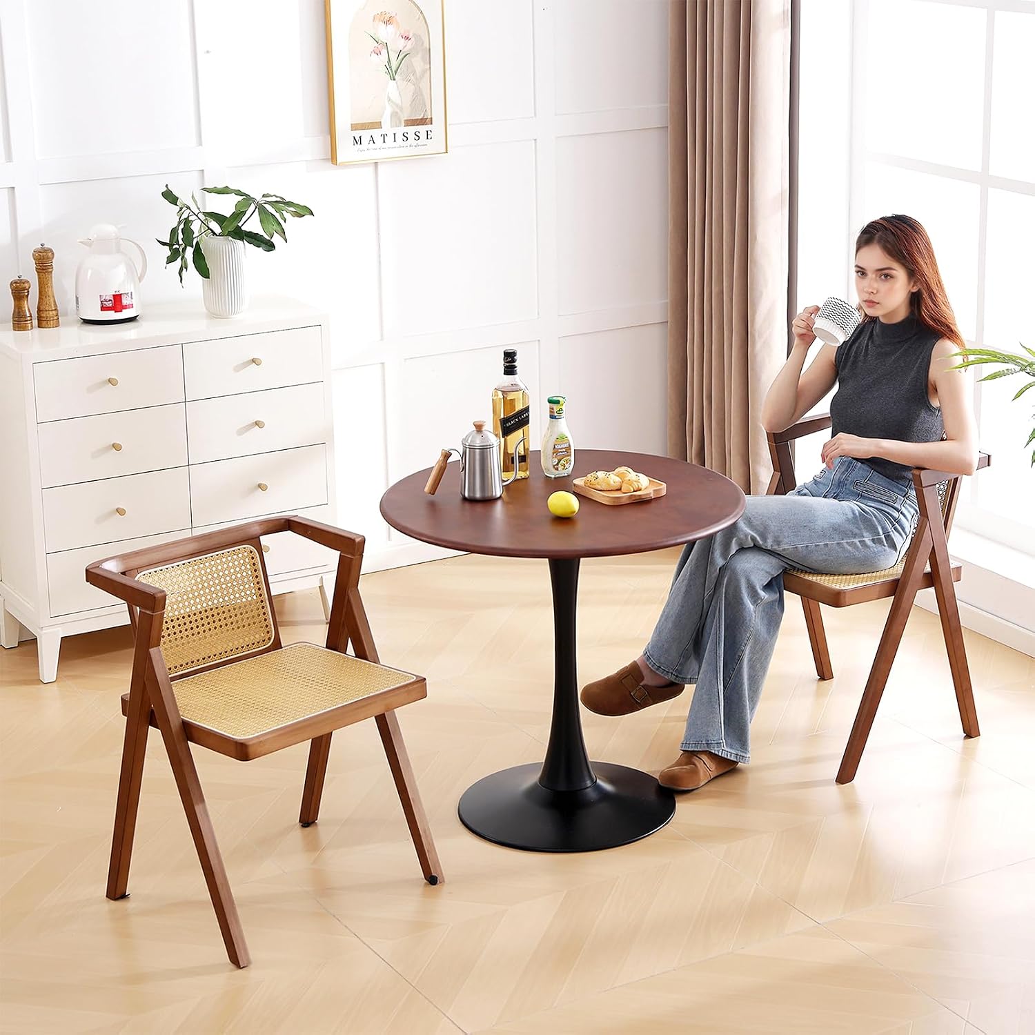Furlide Rattan Dining Chairs Set of 2, Mid-Century Accent Armchair, Wicker Chair, Outdoor Bamboo Chair for Dining Room, Living Room, Bedroom, Kitchen, Walnut
