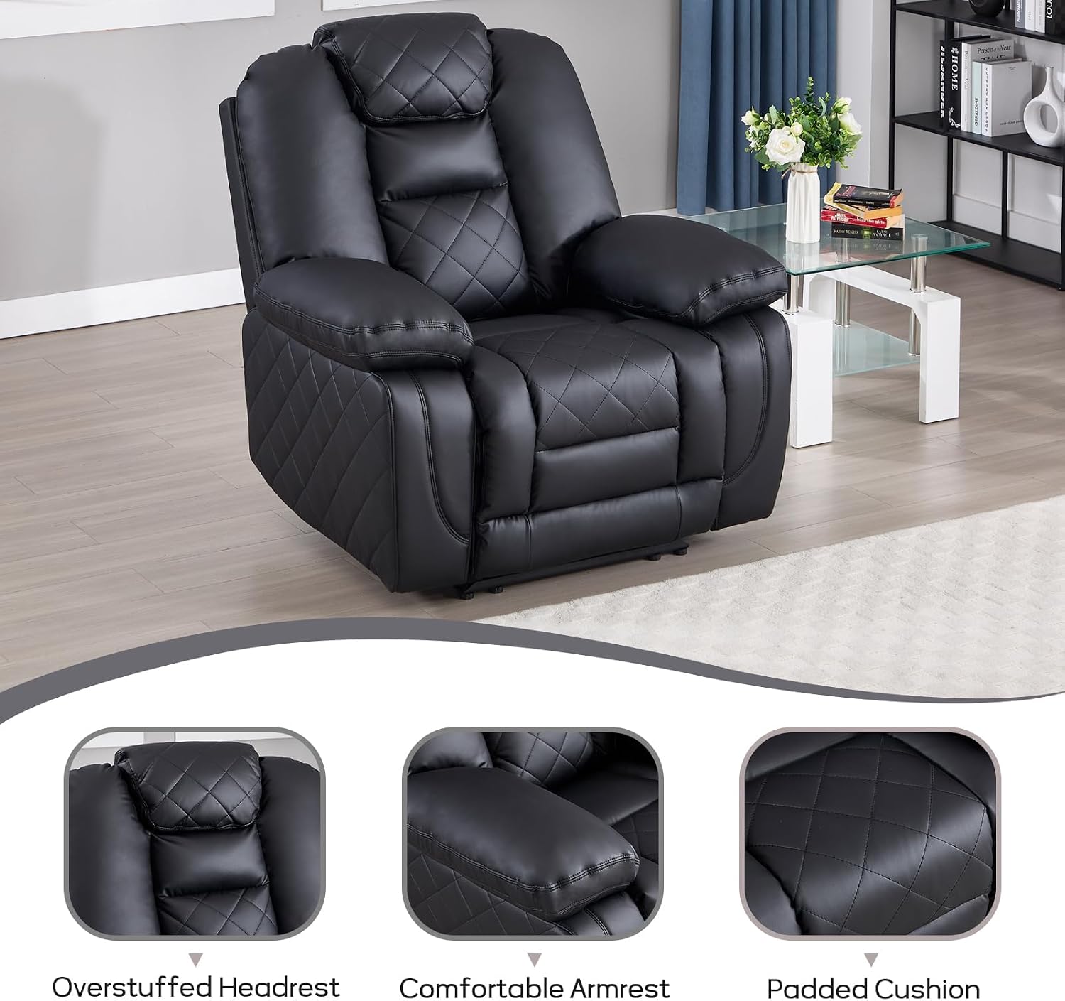 EBELLO Faux Leather Recliner Manual Chair, Single Reclining Sofa Chair with Comfortable Armrest and Backrest, Home Theater Seating for Living Room, Bedroom, Black