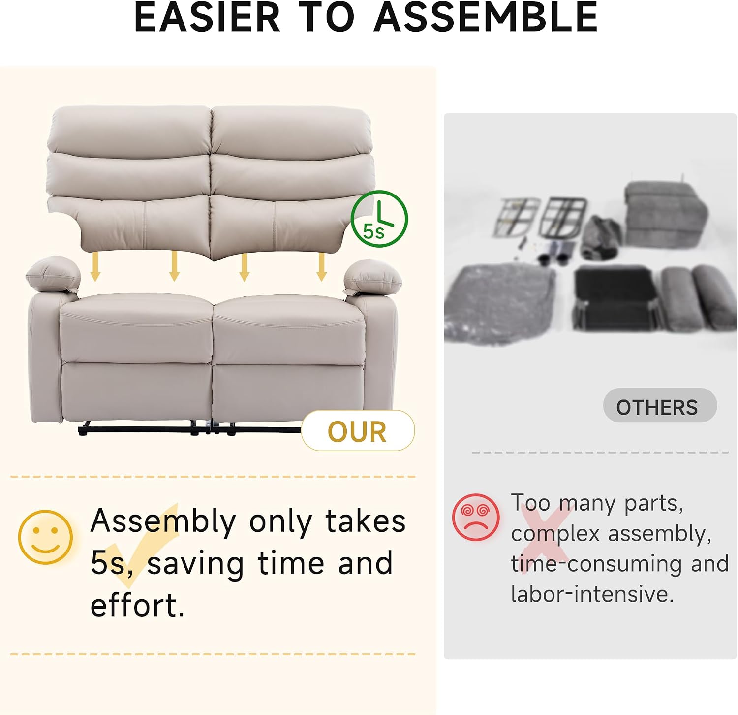 Double Recliner Loveseat, Leather Reclining Loveseat, 2 Recliners Set, Wall Hugger Loveseat Recliner Sofa for Living Room, RV, Home Theater Seating(Beige, 2 Seater Sofa)