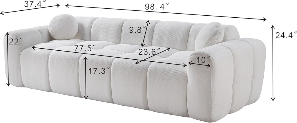 98.4-Inch Oversized Boneless Cloud Couches Deep Seat Foam Sofa Couch with 2 Round Toss Pillows, Luxury Corduroy Upholstered 3 Seat Tufted Loveseat, Cloud Sofa in a Box