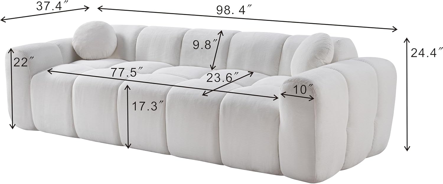 98.4-Inch Oversized Boneless Cloud Couches Deep Seat Foam Sofa Couch with 2 Round Toss Pillows, Luxury Corduroy Upholstered 3 Seat Tufted Loveseat, Cloud Sofa in a Box