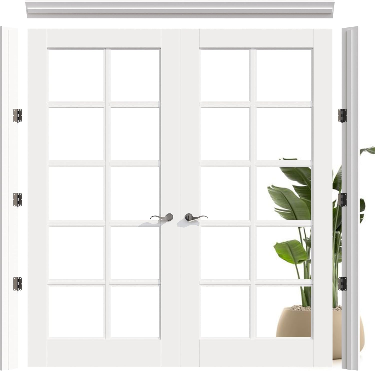 Prehung French Door 72' x 80' (2x36 in), 10-Lite Tempered Clear Glass Door Slabs with Jamb, Black Hinges, 4 Levers & Latch, Solid Core Interior Door, Pre-Finished & Paintable,Double Doors Interior