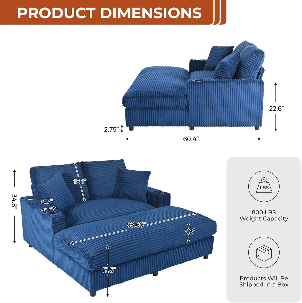 60' Oversized Chaise Lounge Chair Indoor, Upholstered Sofa Bed with Pillows & 2 Cup Holders, Sleeper Couch Comfy Corduroy Recliner Chair for Living Room, Movie Room, Bedroom, Blue