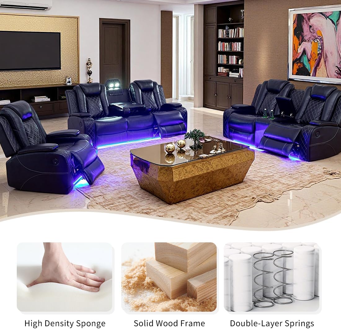 Power Leather Recliner Chair Set with LED Light, Black Leather Reclining Set, Living Room Furniture Sets, Modern Power Recliner Sets for Living Room/RV/Apartment(Black)