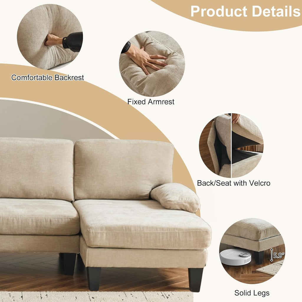 Karl home U-Shape Sectional Sofa Couch 111' Modern 4-Seat Sofa with Chaises Chenille Fabric Upholstered Covertible Couch with Wood Grain Legs for Living Room, Reception Room, Apartment, Khaki