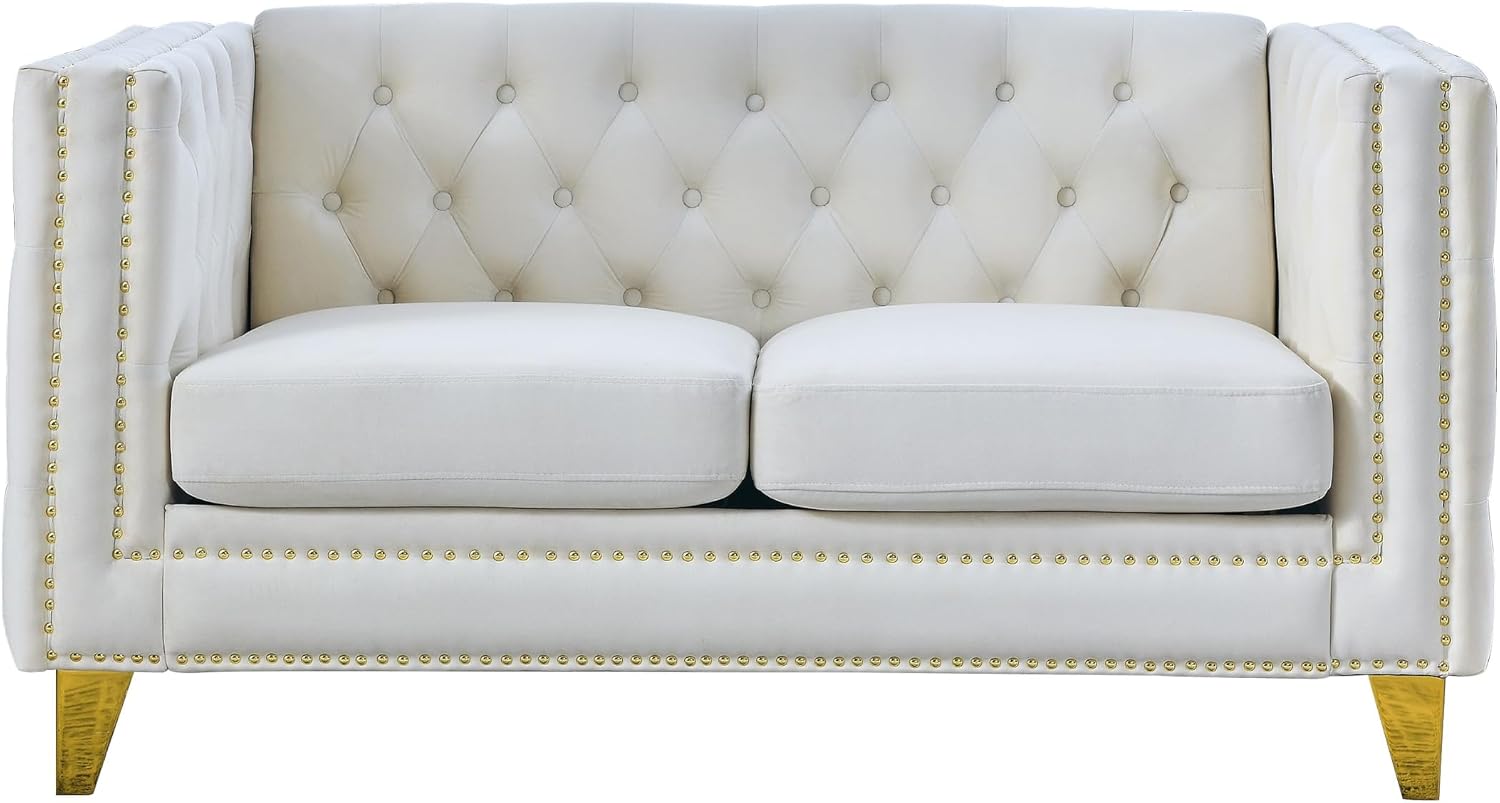 KEIKI Tufted Velvet 3+2 Seat Sofa Couch for Living Room, Buttons Tufted Square Arm Couch for Home Apartment, Beige