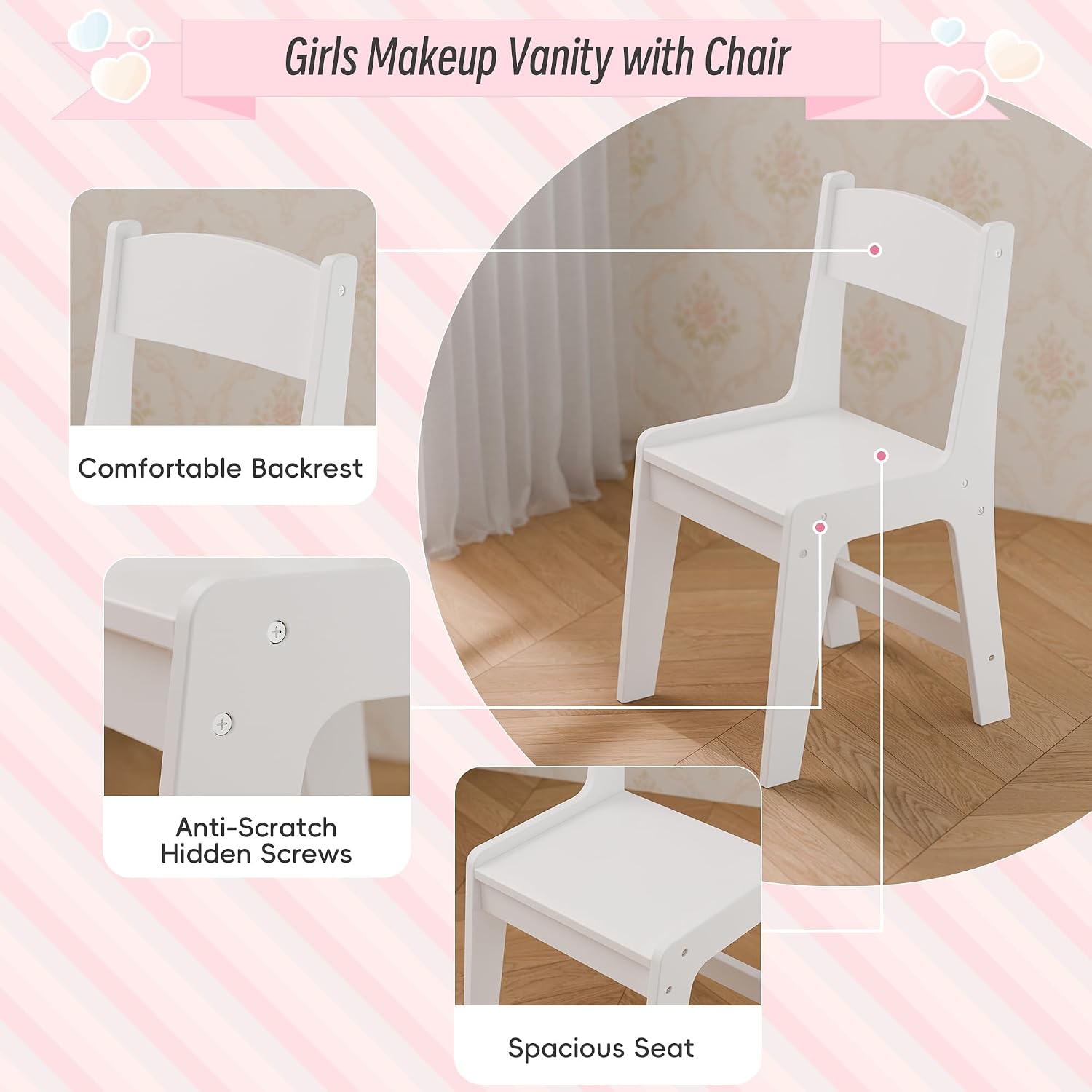 Girls Vanity Table and Chair Set, Kids Vanity with Jewelry Organizer for Princess, Toddler Makeup Vanity Desk with Open Shelf, Closed Cabinet and Butterfly Pattern, White
