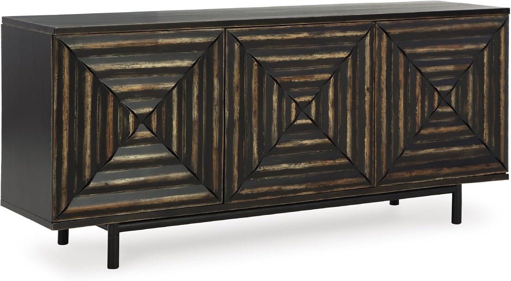 Signature Design by Ashley Fair Ridge Casual Square Patterned 3-Door Distressed Accent Cabinet with 3 Adjustable Shelves, Black & Dark Brown