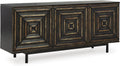 Signature Design by Ashley Fair Ridge Casual Square Patterned 3-Door Distressed Accent Cabinet with 3 Adjustable Shelves, Black & Dark Brown