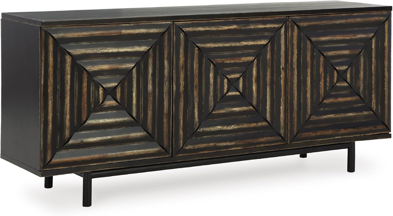 Signature Design by Ashley Fair Ridge Casual Square Patterned 3-Door Distressed Accent Cabinet with 3 Adjustable Shelves, Black & Dark Brown