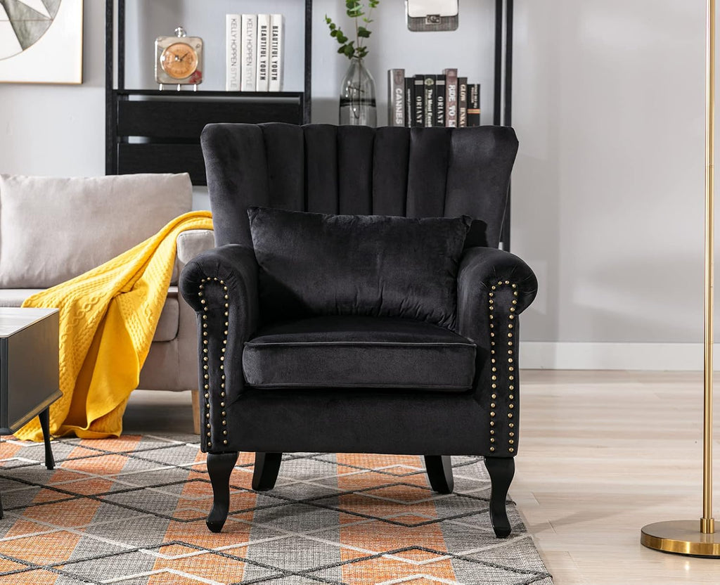 Kmax Black Accent Chair Velvet Wingback Chair with Pillow Nail-Head Channel Tufted Oversized Club Chair for Living Room Bedroom Guest Room