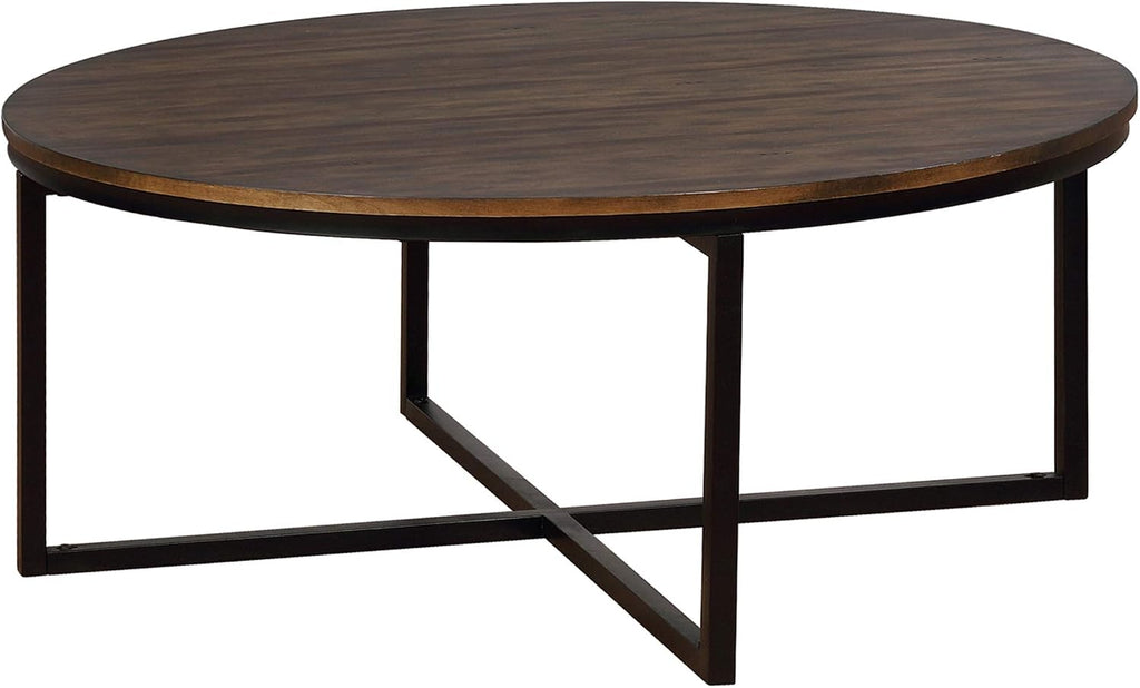 Arcadia 42-Inch Round Acacia Wood Coffee Table – Industrial Living Room Table with Antiqued Mocha Finish and Metal Sled Legs – Ideal Centerpiece for Sectionals and Sofas by Alaterre Furniture