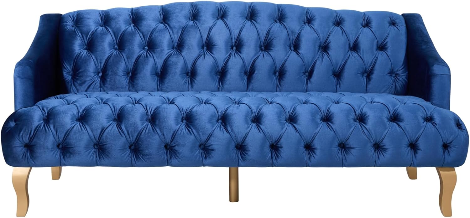 Christopher Knight Home Minxi Velvet Upholstered 3 Seater Sofa Couch, Wooden Home Sofa Living Room, Comfy Cloud Couch for Bedroom, Home Office, Button Tufted with Diamond Stitching, Dark Blue