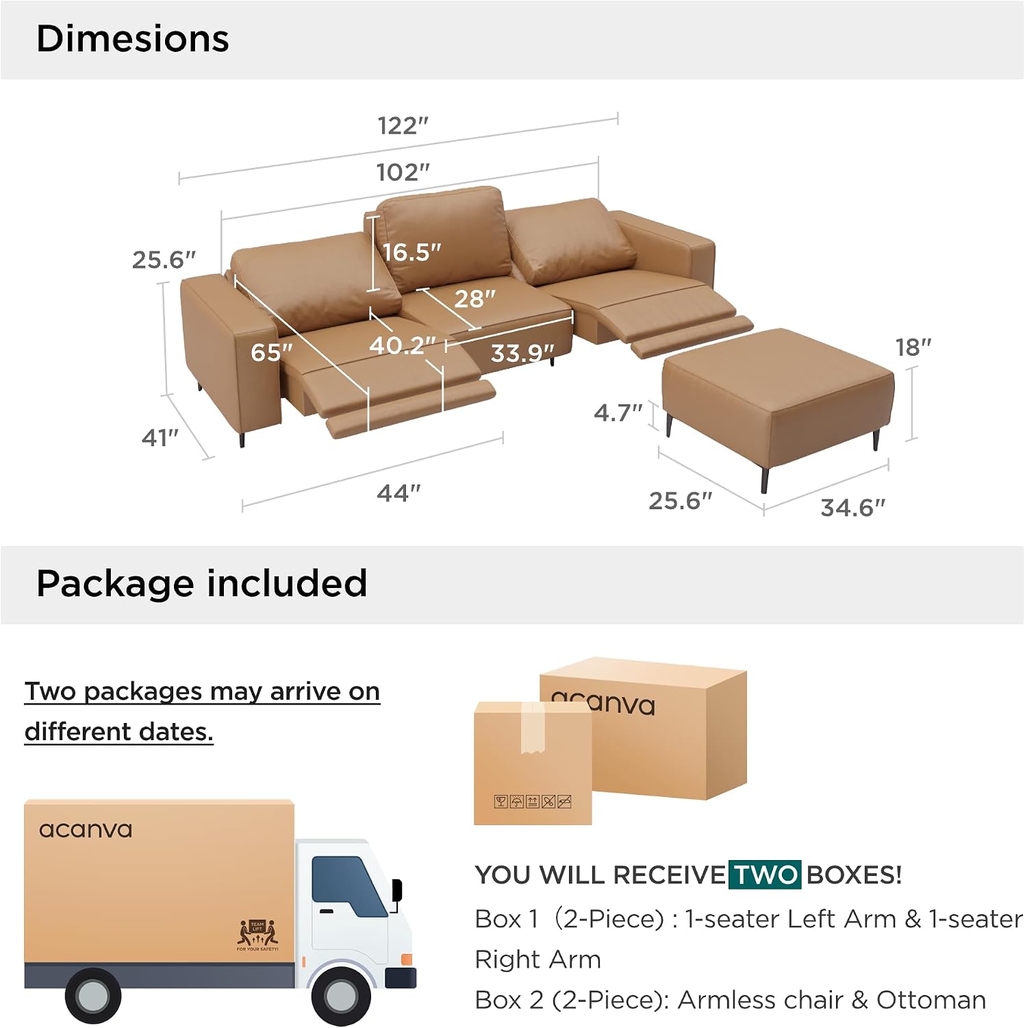 Acanva Dual Power Reclining Sectional Sofa with Movable Ottoman, Modern Vegan Leather Modular Recliner Couch for Living Room, 4 Piece Set