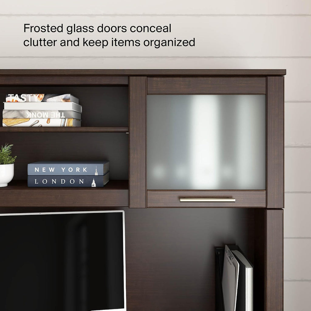 Bush Home 60-Inch Desk Hutch, Office Storage Organizer with Shelves, Cubbies and Frosted Glass Doors for Computer Desk, Home Office Furniture, Somerset Collection, Mocha Cherry