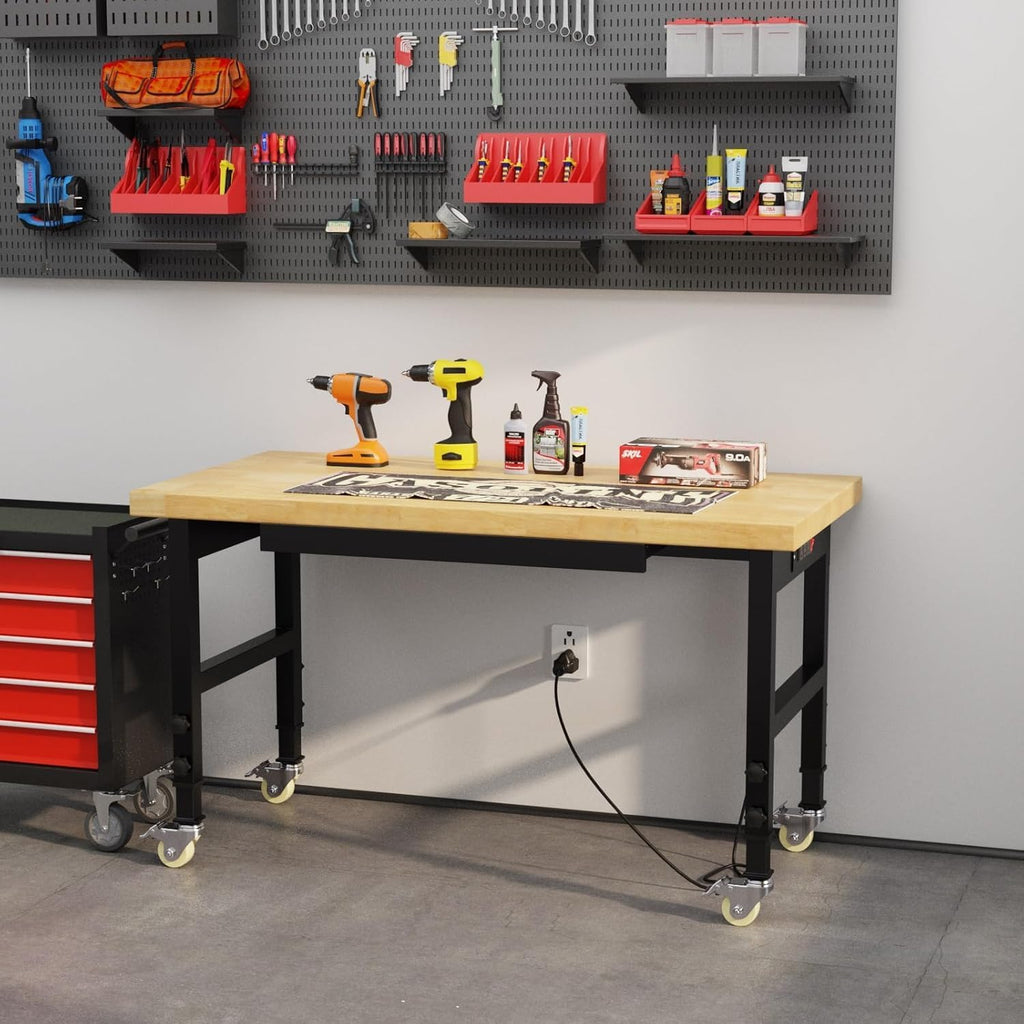 48' Heavy Duty Work Bench with Drawers, Adjustable Height Workbench with Wheels, 2000 LBS Capacity Work Table with Power Outlets for Garage, Workshop, Office, Home