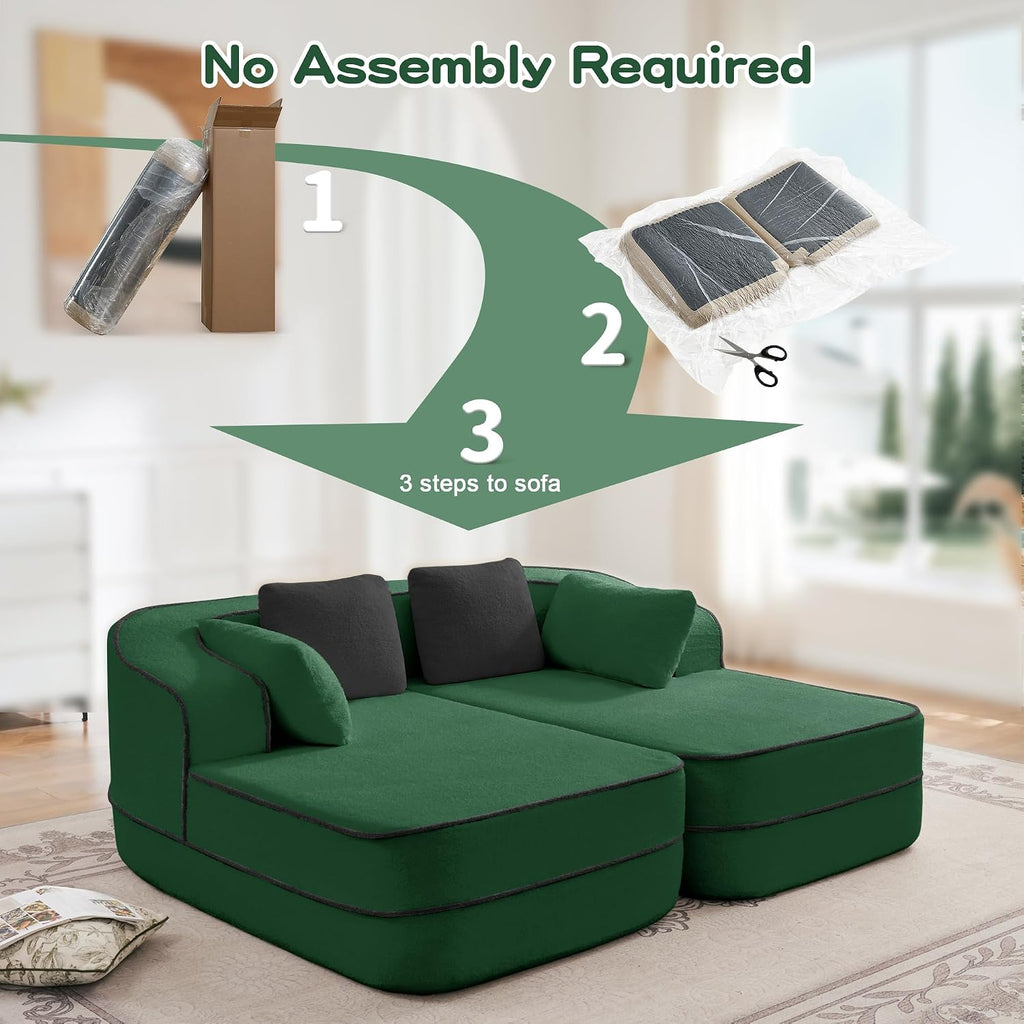 KEIKI Modular Boneless Sectional Teddy Sofa Couch with Chaise for Living Room, Oversized 77.2' Loveseat Chaise Lounge Indoor for Small Spaces, Modern Comfy Apartment Size Couch for Bedroom, Green