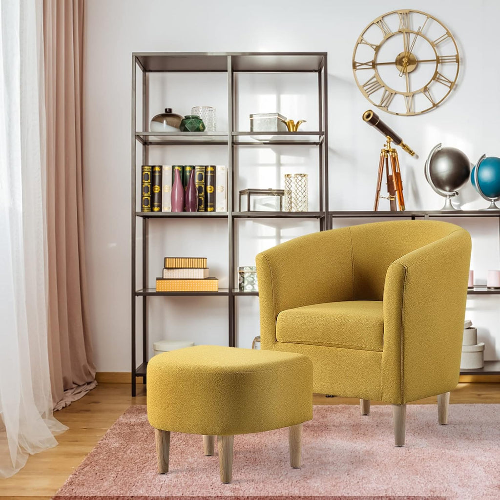DAZONE Modern Accent Chair, Upholstered Arm Chair Linen Fabric Single Sofa Chair with Ottoman Foot Rest Mustard Yellow Comfy Armchair for Living Room Bedroom Small Spaces Apartment Office