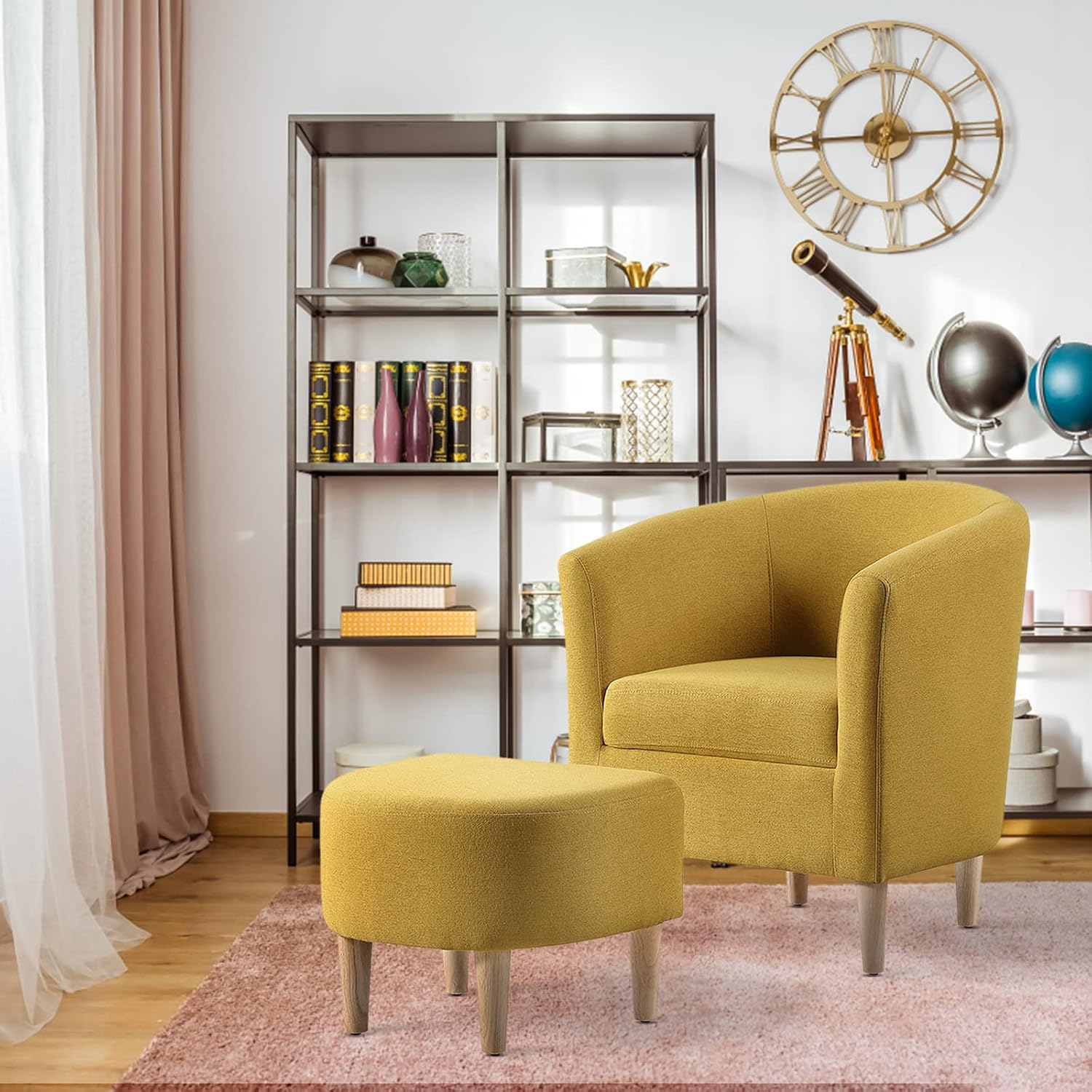 DAZONE Modern Accent Chair, Upholstered Arm Chair Linen Fabric Single Sofa Chair with Ottoman Foot Rest Mustard Yellow Comfy Armchair for Living Room Bedroom Small Spaces Apartment Office