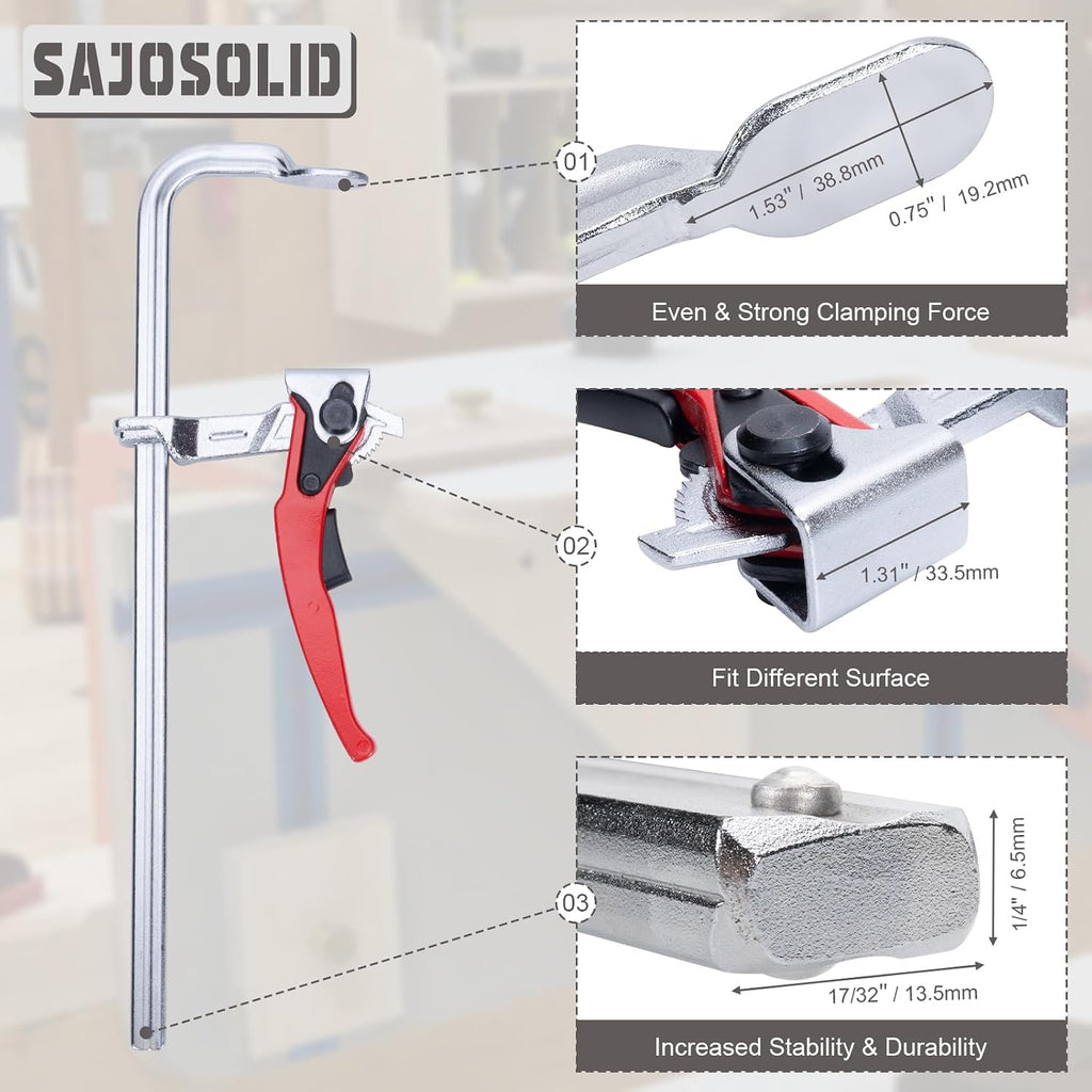 6 Packs Bar Clamps Set, Throat Depth 2-3/8 Inch Heavy Duty Forged Steel Ratcheting Table Clamp, Guide Rail System with Max 330 Lbs Load Limit for Grinding, Milling, Precision Cutting