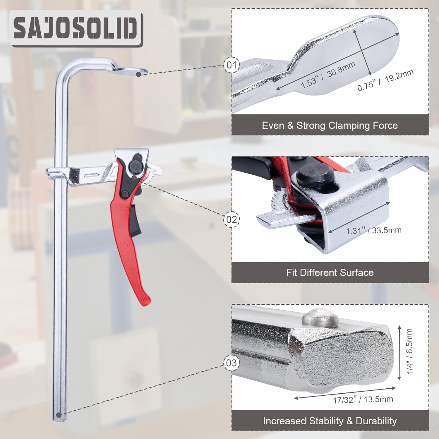 6 Packs Bar Clamps Set, Throat Depth 2-3/8 Inch Heavy Duty Forged Steel Ratcheting Table Clamp, Guide Rail System with Max 330 Lbs Load Limit for Grinding, Milling, Precision Cutting