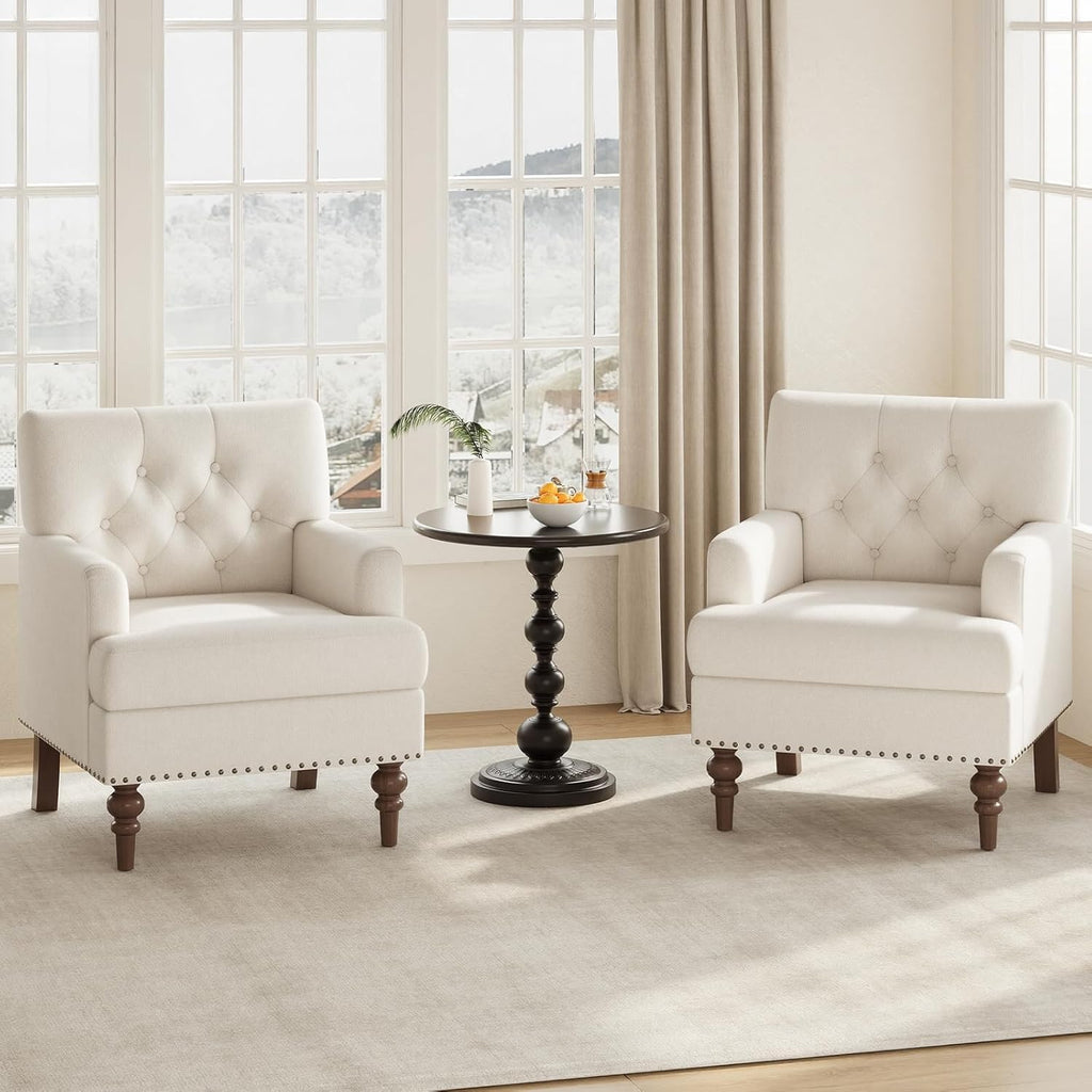 MALOL Upholstered Accent Chair, Comfy Reading Chair for Living Room, Mid Century Modern Armchair with Thick Cushion & Solid Rubberwood Legs, for Bedroom/Small Spaces, Beige