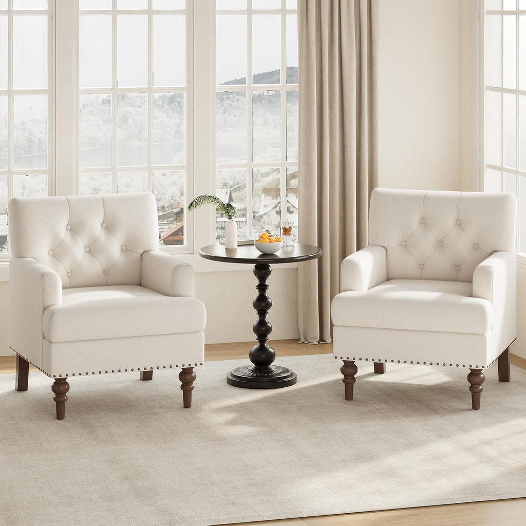 MALOL Upholstered Accent Chair Set of 2, Comfy Reading Chair for Living Room, Mid Century Modern Armchair with Thick Cushion & Solid Rubberwood Legs, for Bedroom/Small Spaces, Beige