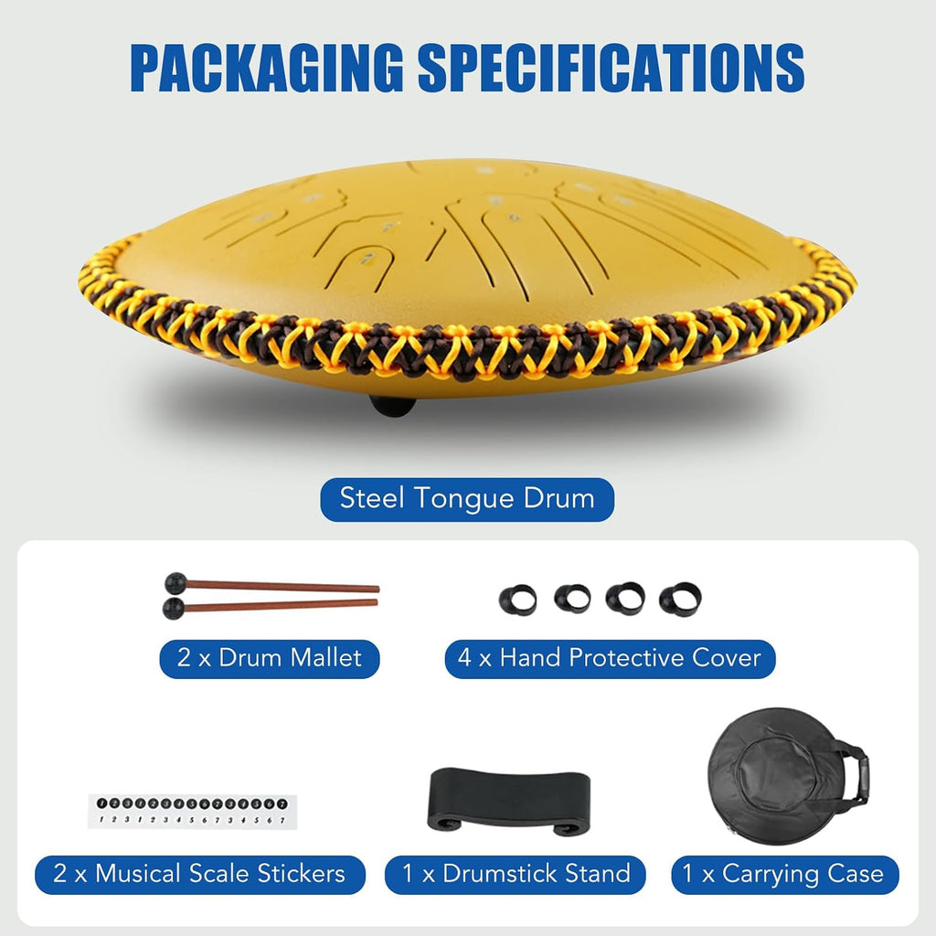 Generic Steel Tongue Drum 15 Inch 21 Notes - C Major Handpan Drum with Drum Mallets for Meditation Yoga Beginners Majors Family Friends Handpan Drum（Gold）