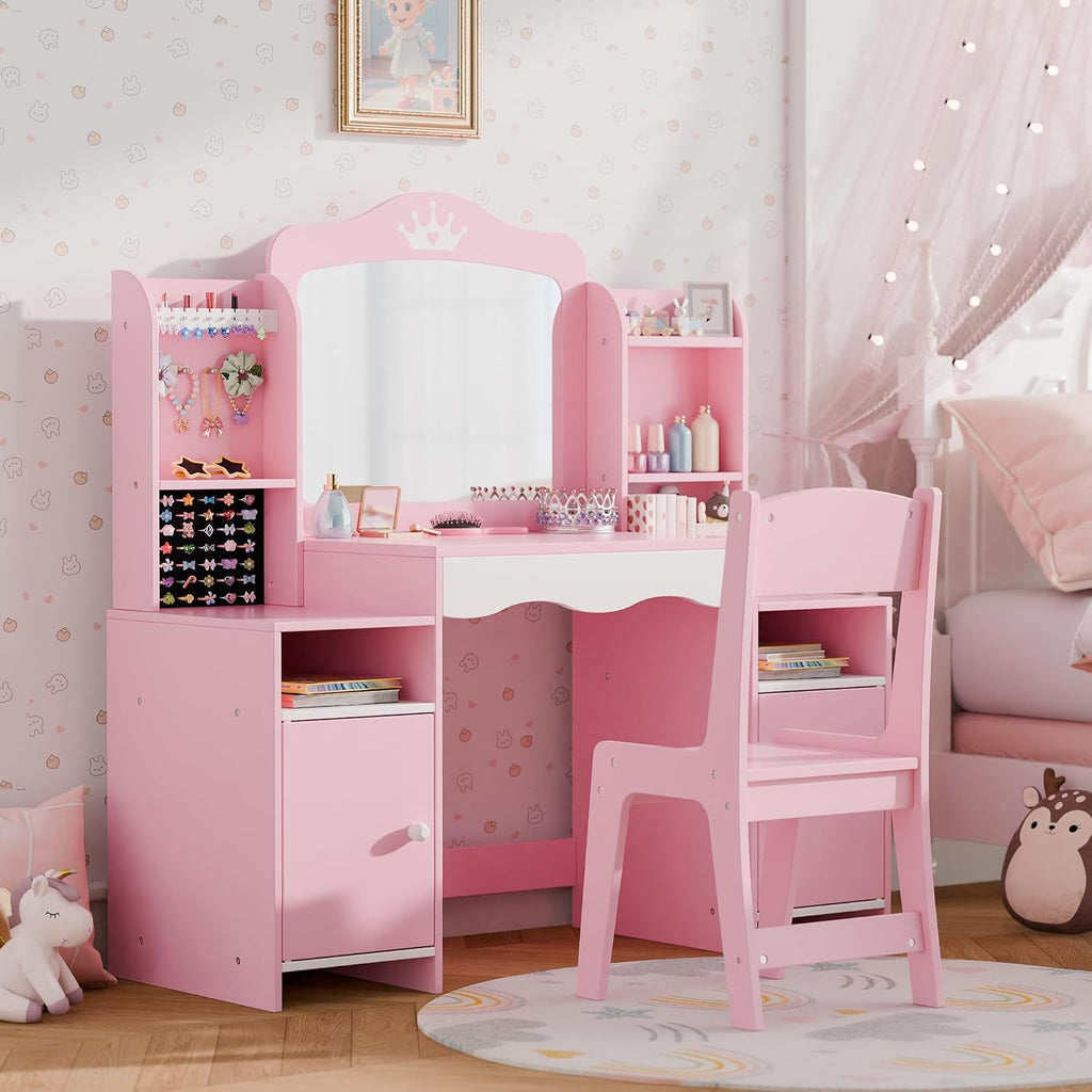 Kids Vanity, Girl Vanity Set with Storage Cabinet & Open Shelf, 2 In 1 Kids Vanity Table and Chair Set with Jewelry Storage, Princess Toddler Makeup Vanity with Mirror for Little Girls (Pink)