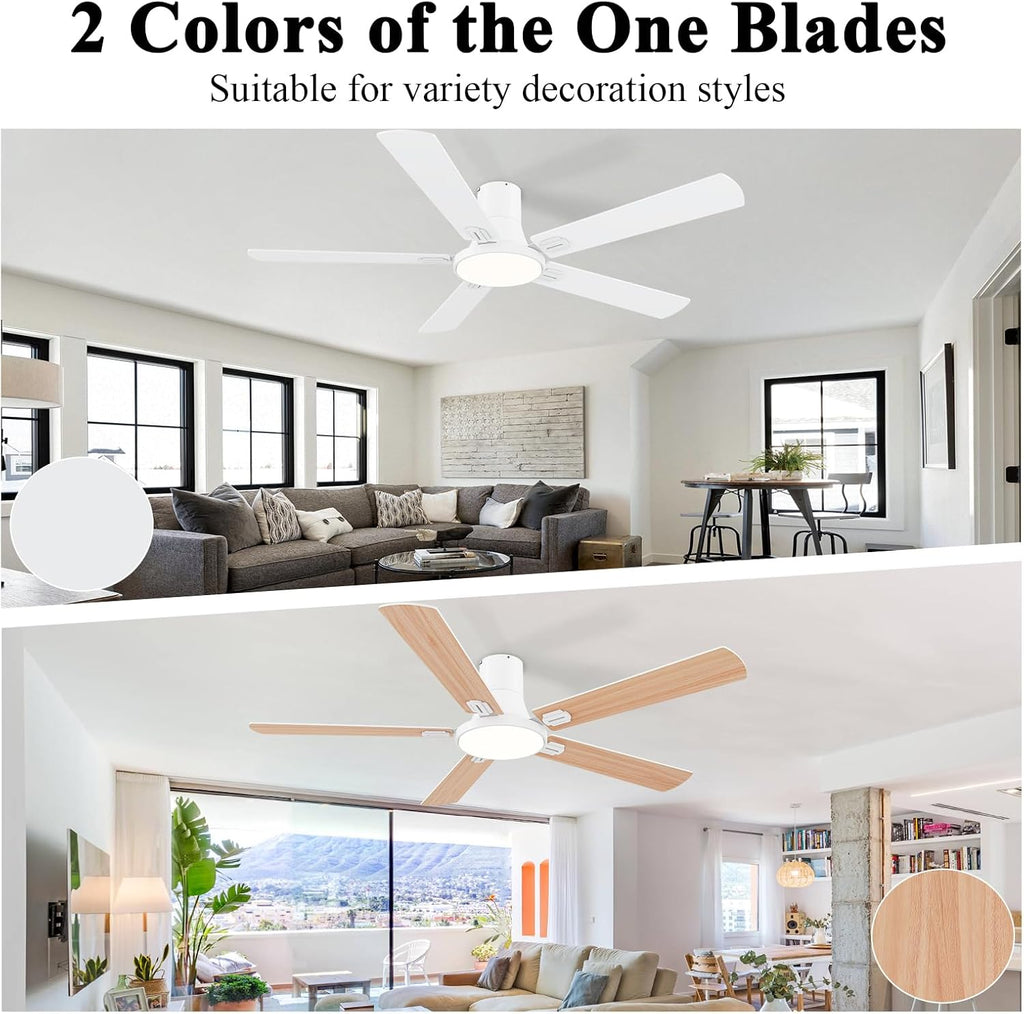 SNJ 60 Inch White Ceiling Fans with Lights and Remote,Flush Mount Low Profile 5 Blades Ceiling Fan,Dimmable Quiet Reversible DC Motor for,Living Room,Bedroom and Patio