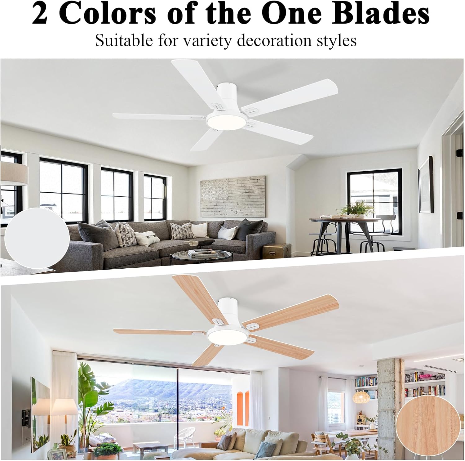 SNJ 60 Inch White Ceiling Fans with Lights and Remote,Flush Mount Low Profile 5 Blades Ceiling Fan,Dimmable Quiet Reversible DC Motor for,Living Room,Bedroom and Patio