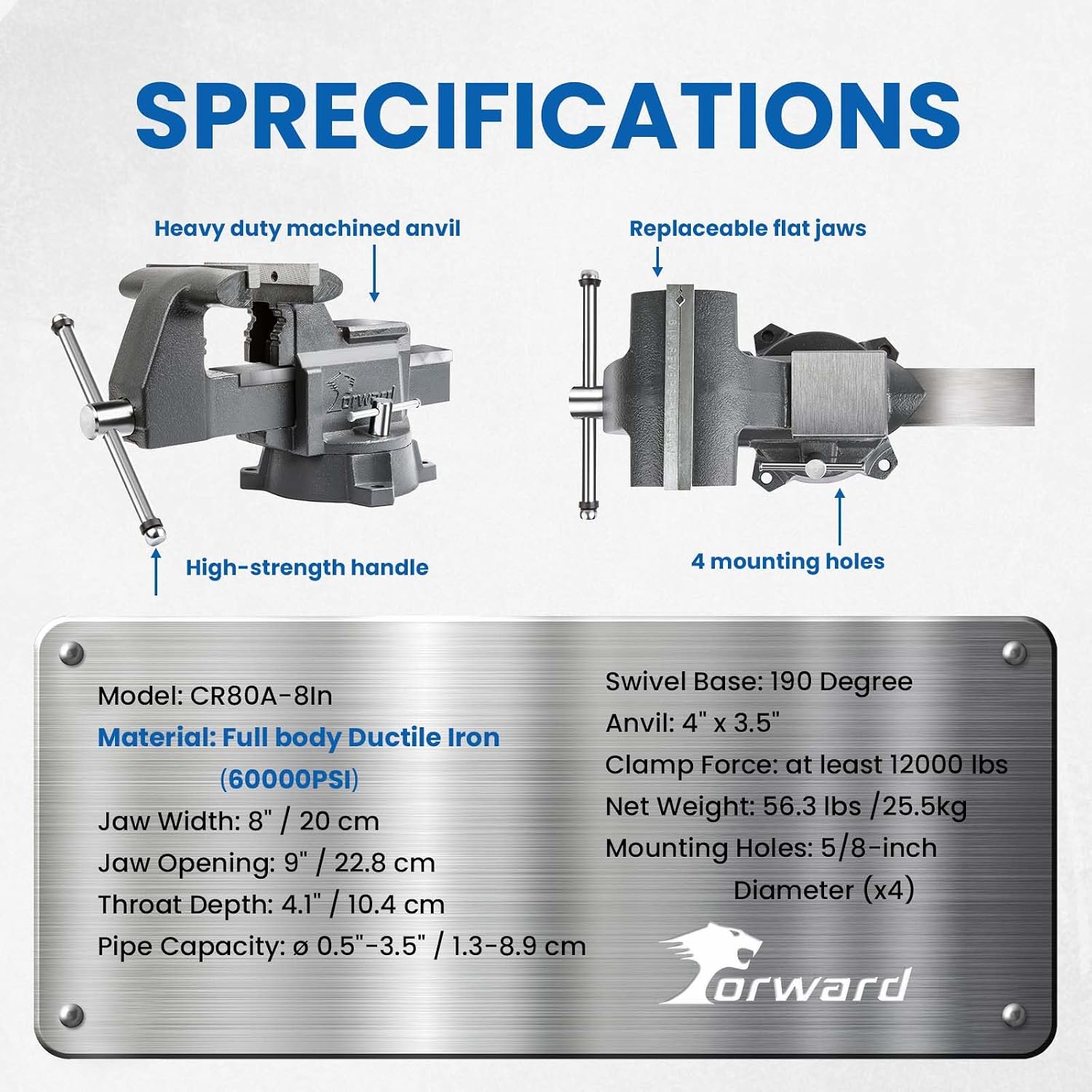 Forward CR80A 8 Inch Bench Vise Heavy Duty Vice with Anvil and 190 Degrees Swivel Base (8')