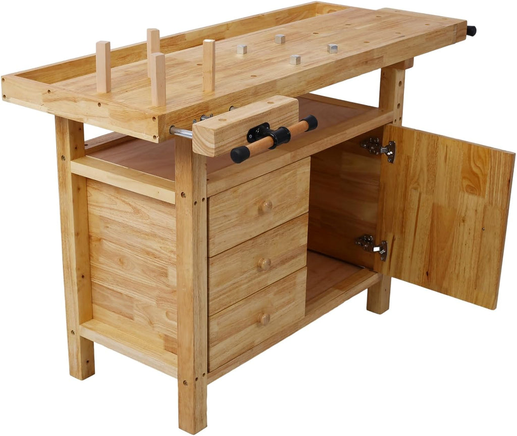 Tidyard Wood Workbench, Heavy-Duty Rubberwood Work Table with Bar Clamps Set 12 inch and 24 inch, Four Metal Pillars and Storage Drawers for Garage Workshop Home DIY Projects