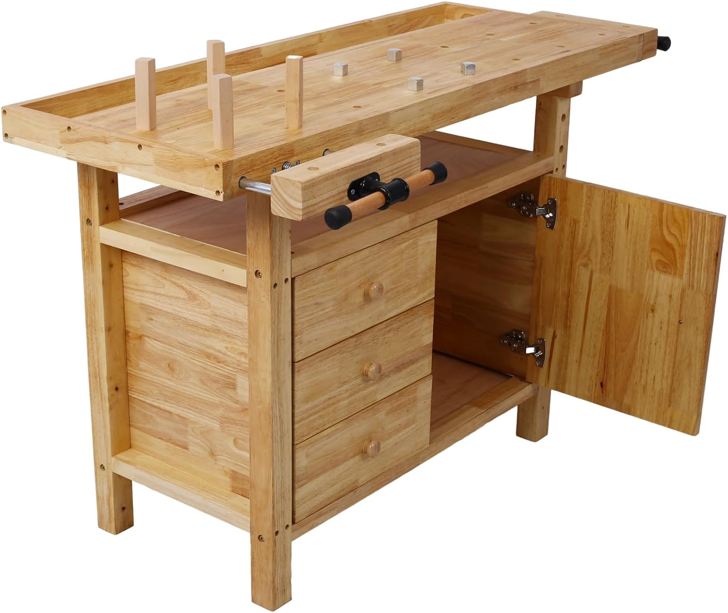 Olela Wood Workbench, Integrated Vise and Bench Dog Holes Garage Workbench with Drawers, 55 inches Heavy Duty Workbench Weight Capacity of 3300lbs (50'-3 Drawers and 1 Cabinet)