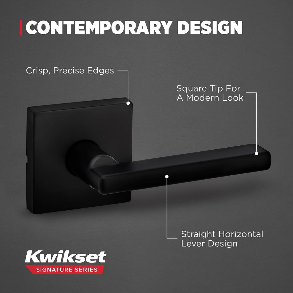 Kwikset Halifax Interior Passage Door Handle, Lever for Closet and Hallway Doors, Reversible Non-Locking Handle Lever, Matte Black, with Microban Protection, 4 Pack