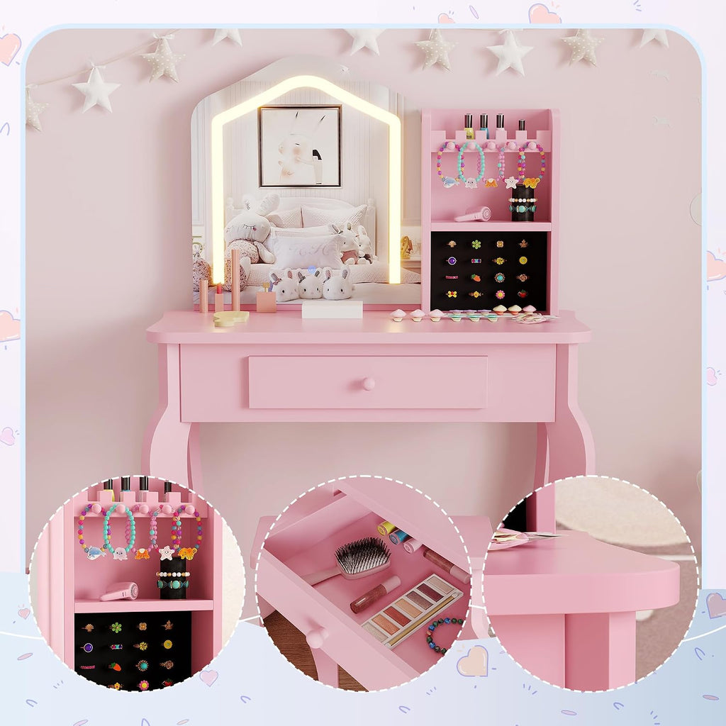 GarveeHome Kids Vanity with Lighted Mirror, Toddler Vanity Table and Chair Set, Girls Makeup Playset, Pink