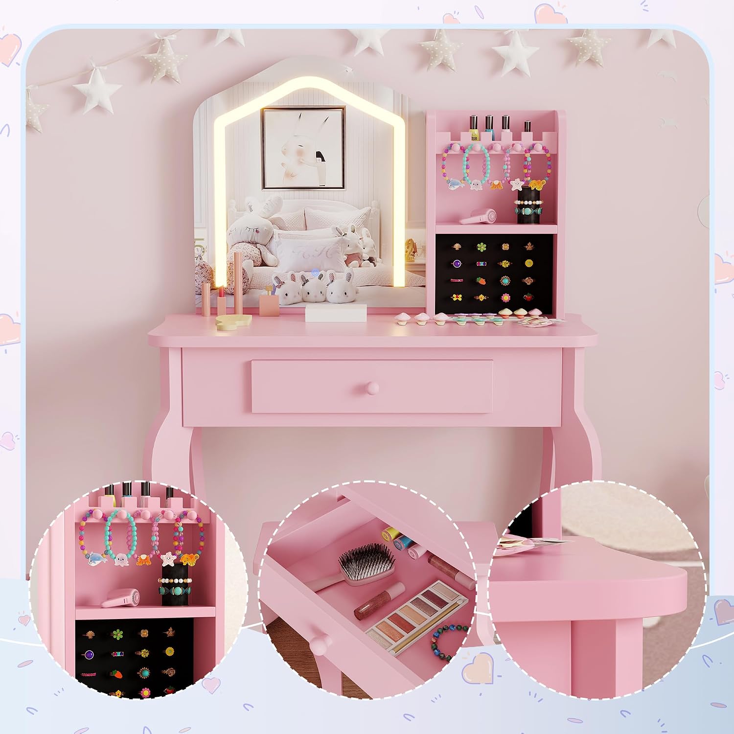GarveeHome Kids Vanity with Lighted Mirror, Toddler Vanity Table and Chair Set, Girls Makeup Playset, Pink