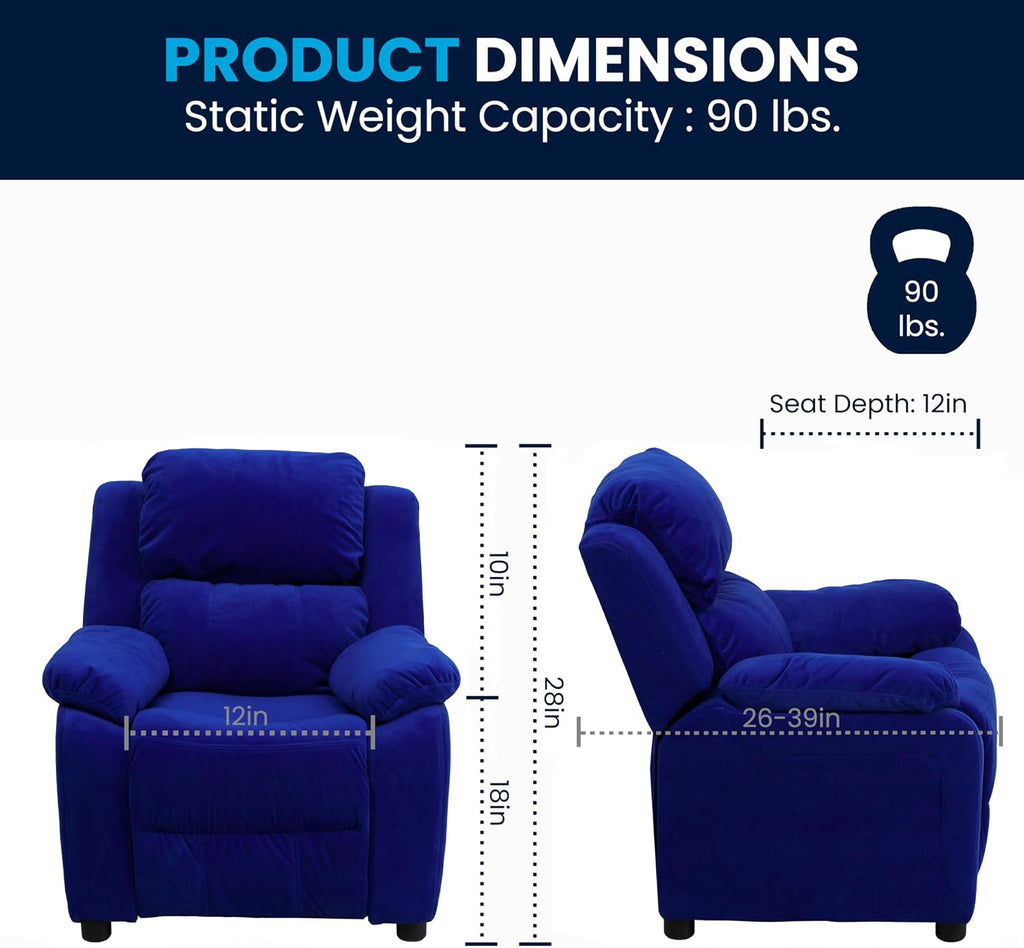 Flash Furniture Charlie Microfiber Kids Recliner with Flip-Up Storage Arms and Safety Recline, Contemporary Reclining Chair for Kids, Supports up to 90 lbs., Blue