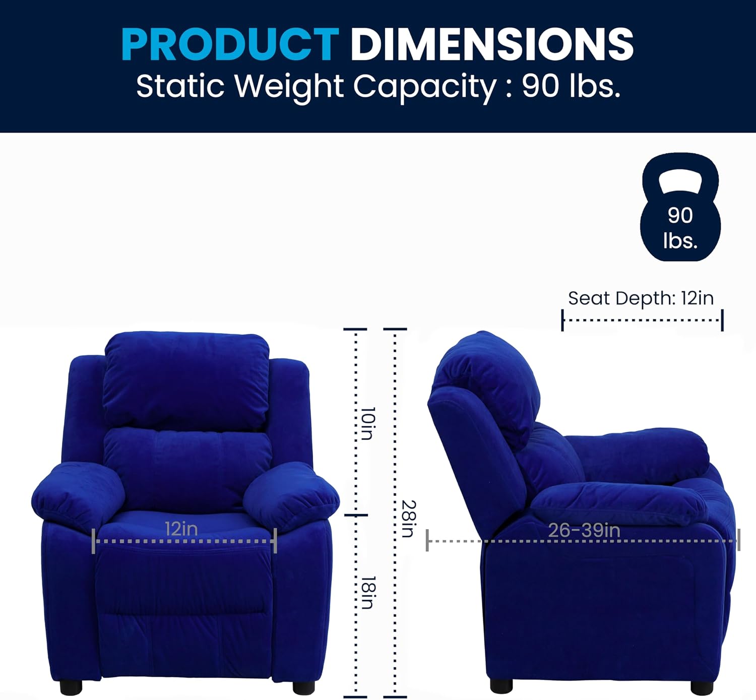 Flash Furniture Charlie Microfiber Kids Recliner with Flip-Up Storage Arms and Safety Recline, Contemporary Reclining Chair for Kids, Supports up to 90 lbs., Blue