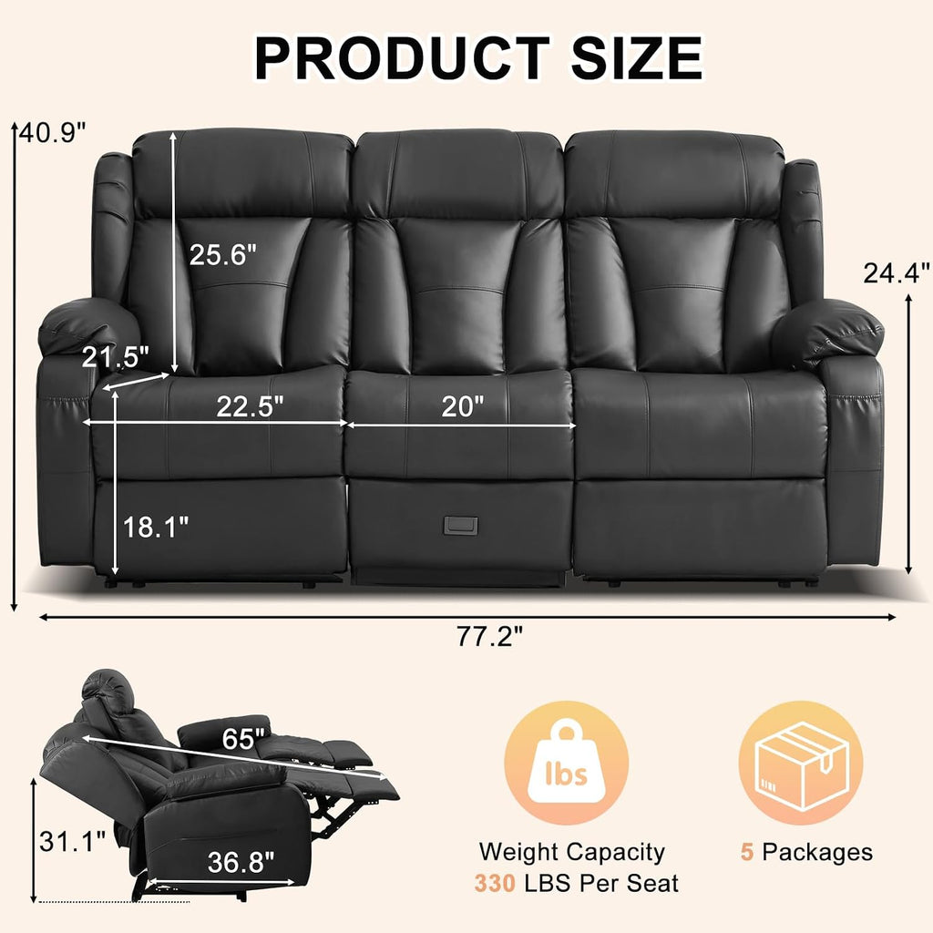 Loveseat Recliner Sofa,3 Seater RV Recliner Couch, Manual Reclining Loveseat with Console for Living Room, Home Theater Seating with AC/USB C/USB and Drawer (Black, 3 Seater)