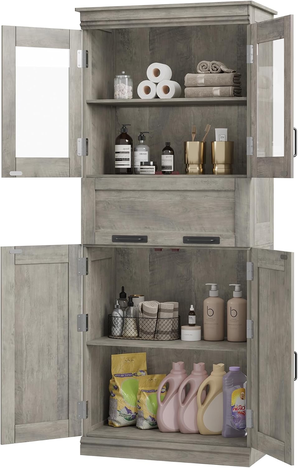 GarveeHome 67' Tall Bathroom Cabinet with 4 Doors & Flip Glass Drawer, Storage Cabinet with Adjustable Shelves, Freestanding Organizer for Kitchen, Living Room (Oak)