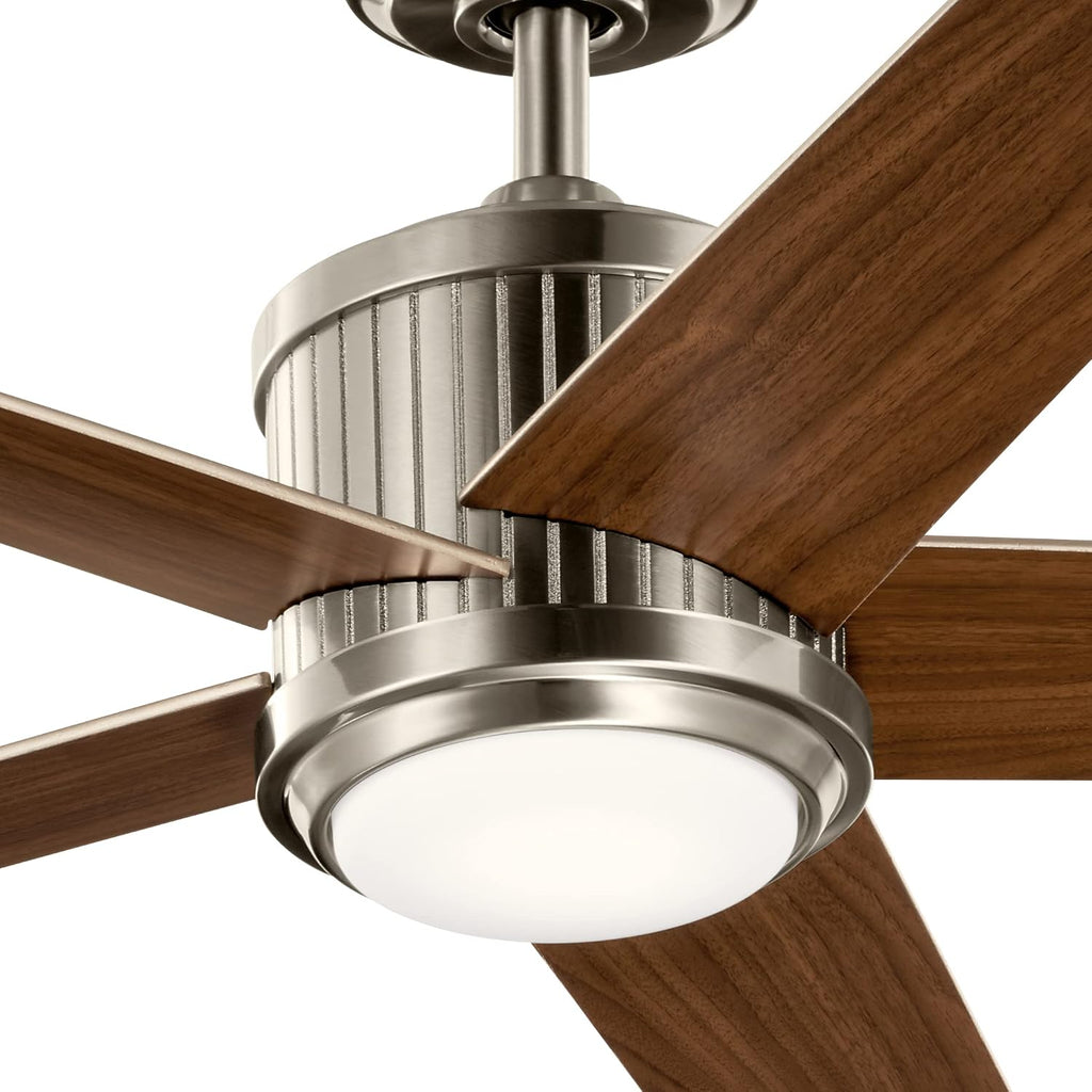 Kichler Brahm 56 in LED Ceiling Fan with Light, 5 Blade Modern Indoor Fan with Etched Cased Opal Glass in Brushed Stainless Steel, Reversible Silver and Walnut Blades, 300044BSS