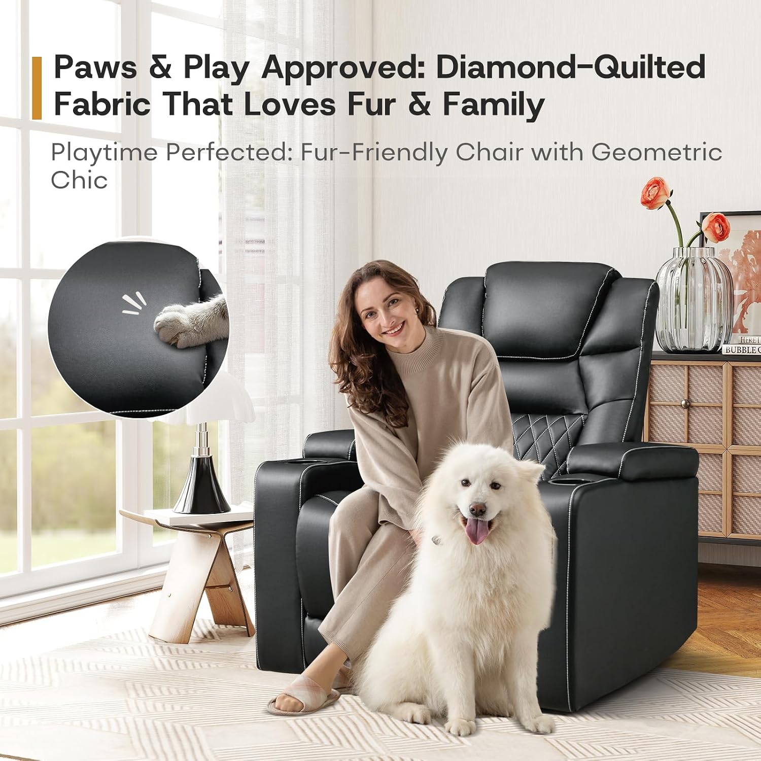 ANJ Power Home Theater Recliner Chair Set of 3, Electric Movie Theater Seating Reclining Chairs with Cup Holders for Living Room, Faux Leather with Blue LED, USB Ports, Hidden Arm Storage (Black)