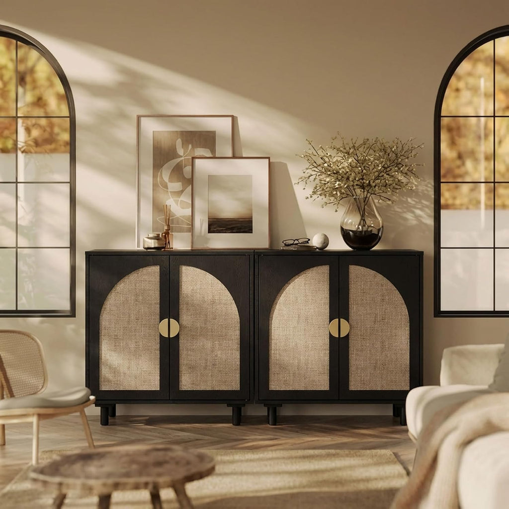 Modern Rattan Storage Cabinet, Black Wood Sideboard with Magnetic Latch, Adjustable Shelf, 29.84' W x 15.75' D x 31.57' H (2 Piece)