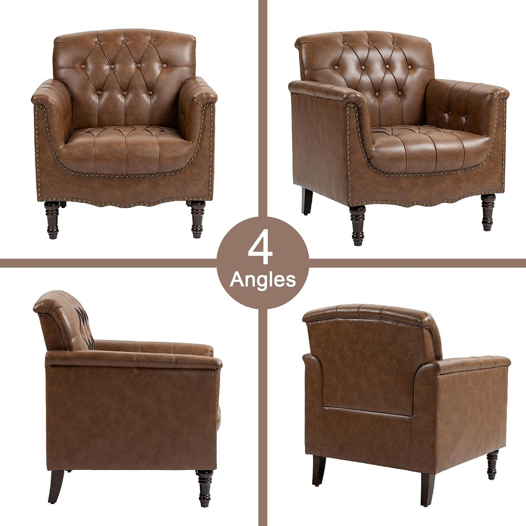 Lumibee Faux Leather Armchair, Contemporary Accent Chair with Nailhead Trims & Wood Legs for Living Room, Upholstered Comfy Arm Chair for Office,Bedroom-Brown