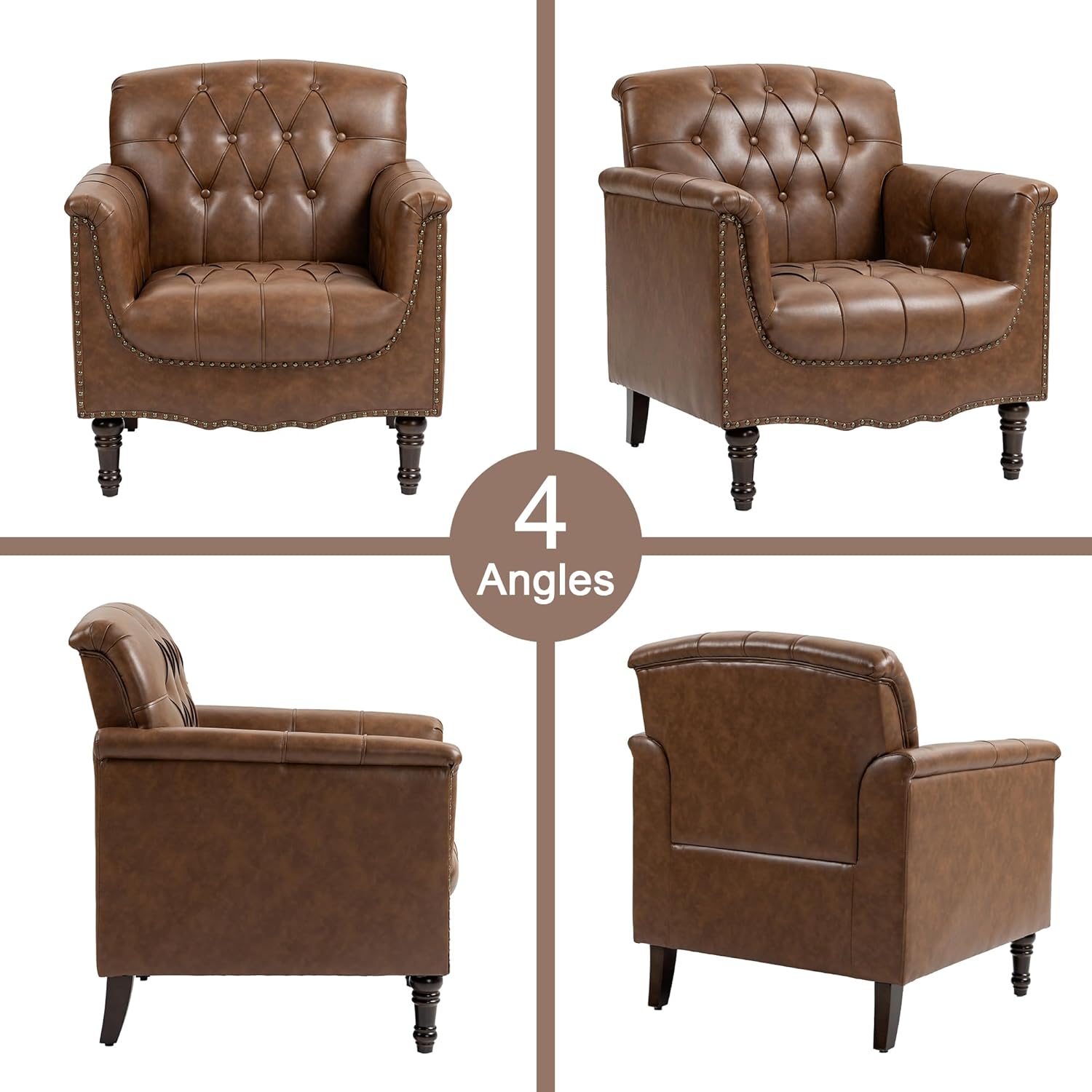 Lumibee Faux Leather Accent Chairs Set of 4, Upholstered Armchairs with Nailhead Trims & Wood Legs for Living Room, Bedroom, Contemporary Comfy Club Chairs for Office-Brown