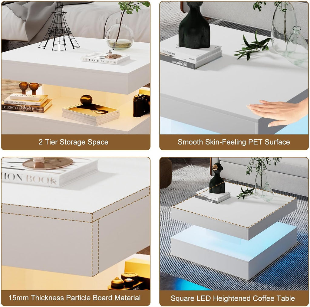 HedoAjim White LED Coffee Table for Living Room, Living Room Table 2-Tier Square Middle Center Table, Modern Coffee Tables with Storage, Wood Tea Tables for Dining Reception, Skin Feeling