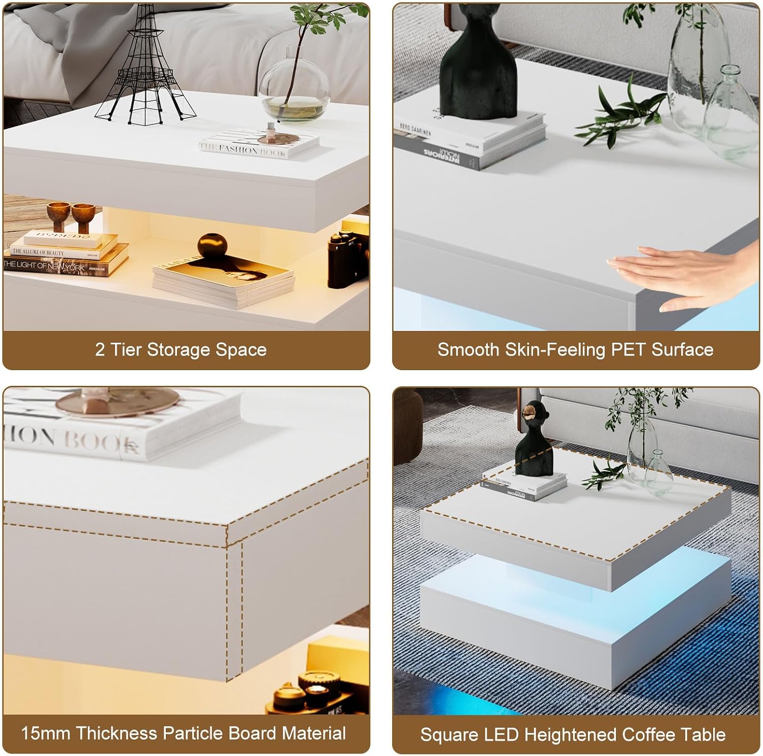 HedoAjim White LED Coffee Table for Living Room, Living Room Table 2-Tier Square Middle Center Table, Modern Coffee Tables with Storage, Wood Tea Tables for Dining Reception, Skin Feeling