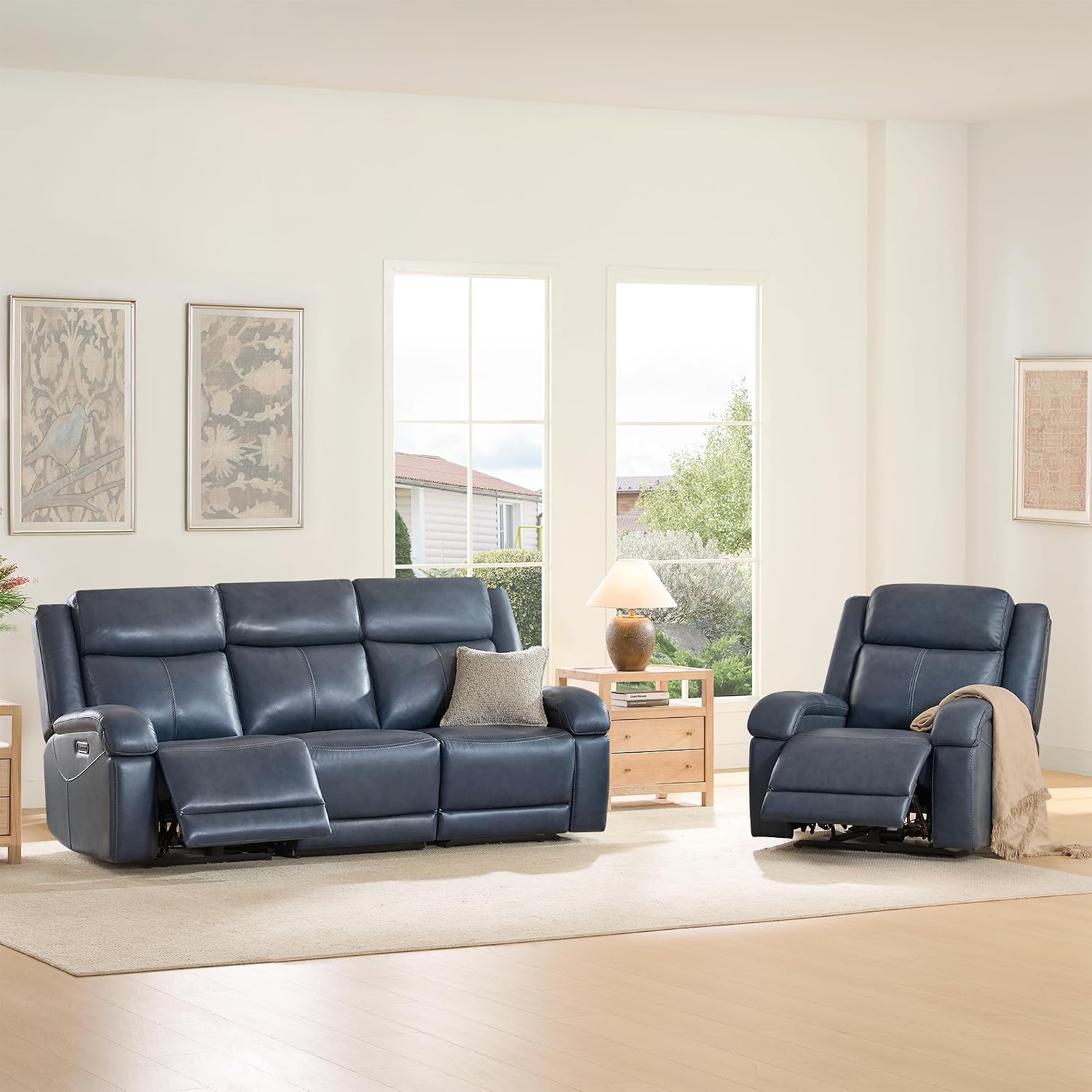 Watson & Whitely Genuine Leather Power Recliner Sofa, 3 Seater Wall Hugger Reclining Sofas with Power Headrest, USB & TypeC Ports, Electric Recliner Couch Set for Living Room, Navy
