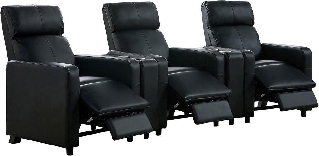 Coaster Home Furnishings - Toohey - Faux Leather - 5-piece Theater Seating with Consoles and Recliners with Tufted Backrests and Slim Track Armrests - Living Room, Home Theater - Black - 600181-S3A